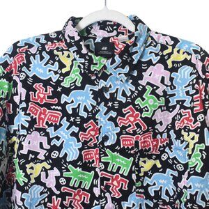 H&M Keith Haring Art Print Colorful Men's Cotton Short Sleeve Button Shirt L